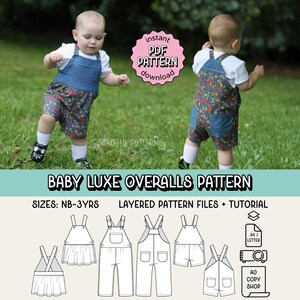 May include: Two babies wearing floral print overalls with denim bibs and pockets are shown in a grassy field. The image also includes a pattern for baby overalls, with the text "BABY LUXE OVERALLS PATTERN" and "instant PDF PATTERN download".