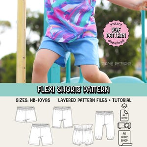 Patrón de costura en PDF de pantalones cortos Flexi Shorts ~ Pantalones cortos unisex para principiantes ~ Tallas desde recién nacido hasta 10 años