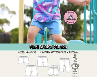 Flexi Shorts PDF Sewing Pattern ~ Unisex Beginner Shorts ~ Sizes Newborn-10yrs
