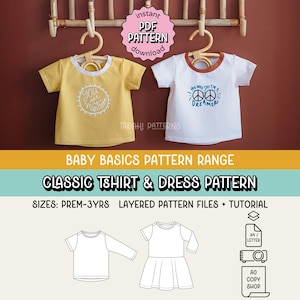 Baby Basics Classic Tee & Dress PDF Sewing Pattern ~ Unisex Boys Girls Tshirt ~ Sizes NB-3yrs