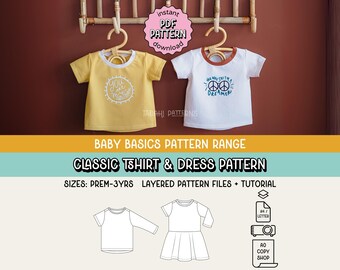 Molde de costura em PDF para camiseta e vestido Baby Basics Classic ~ Camiseta unissex para meninos e meninas ~ Tamanhos NB-3 anos