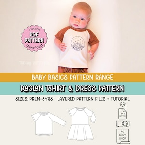 May include: A baby wearing a white and brown raglan t-shirt with a mountain graphic. The image includes text that reads "instant PDF PATTERN download" and "RAGLAN TSHIRT & DRESS PATTERN". The pattern range is for sizes Prem-3Yrs.