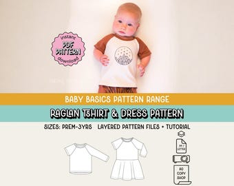 Baby Basics Raglan Tee & Dress PDF Sewing Pattern ~ Unisex Boys Girls Tshirt ~ Sizes NB-3yrs