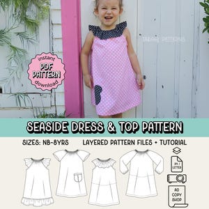 May include: A child in a pink polka-dot dress with black details and a frilled collar. The image displays a sewing pattern for a seaside dress and top, with the text "SEASIDE DRESS & TOP PATTERN" and "instant PDF PATTERN download".