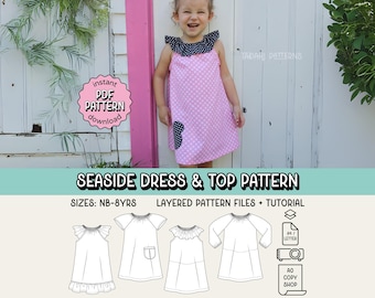 Vestido e blusa à beira-mar - Molde de costura em PDF ~ Vestido para meninas iniciantes ~ Tamanhos de bebê a 8 anos