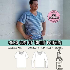 Men's Slim Fit Tee PDF Sewing Pattern ~ Adult Unisex Tshirt ~ Sizes XS-2XL