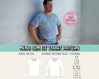 Herren Slim Fit Tee PDF Schnittmuster ~ Erwachsene Unisex Tshirt ~ Größen XS-2XL