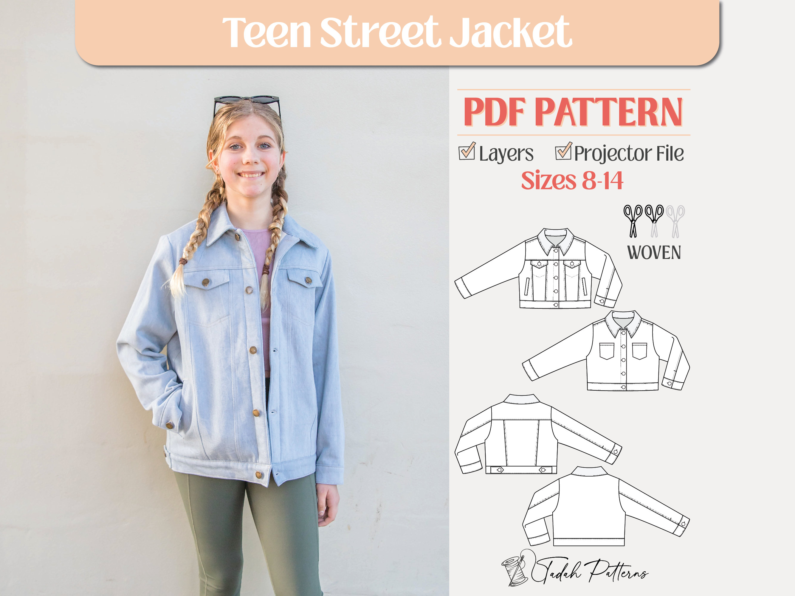 Teen Street Jacket PDF Sewing Pattern ~ Unisex Boys Girls Denim Jacket ~ Sizes 8-14yrs
