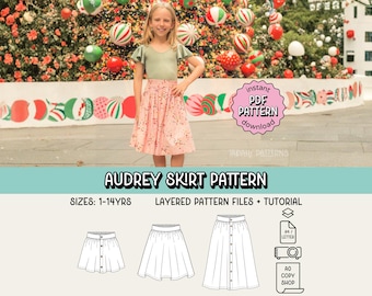 Padrão de costura em PDF para saia Audrey ~ Saia com botões na frente para meninas ~ Tamanhos 1-14 anos