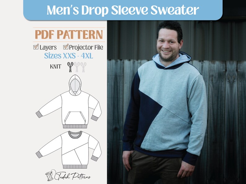 Men's Drop Sleeve Sweater PDF Sewing Pattern Adult Hoodie Jumper Sizes