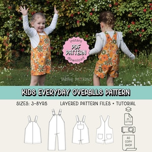 Kids Everyday Overalls PDF Sewing Pattern ~ Unisex Boys Girls Pants ~ Sizes 3-8 Years