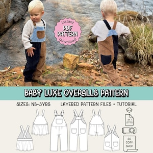 May include: A child wearing corduroy overalls with a light blue top and brown boots. The overalls are two-toned, with navy blue and brown panels. The image includes the text "BABY LUXE OVERALLS PATTERN" and "instant PDF PATTERN download".