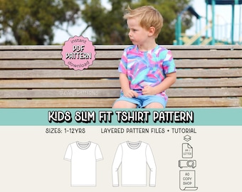 Camiseta infantil slim fit em PDF com molde de costura ~ Camiseta infantil unissex ~ Tamanhos 1 a 12 anos