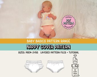 Molde de costura para capa de fralda Baby Basics em PDF ~ Capa de fralda unissex para meninos e meninas ~ Tamanhos NB-3 anos