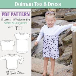 Dolman Tee and Dress PDF Sewing Pattern ~ Child Unisex Tshirt ~ Sizes NB-14 years