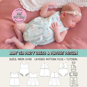 Baby Tea Party Dress PDF Sewing Pattern ~ Girls Playsuit and Romper ~ Sizes Premmie - 3yrs