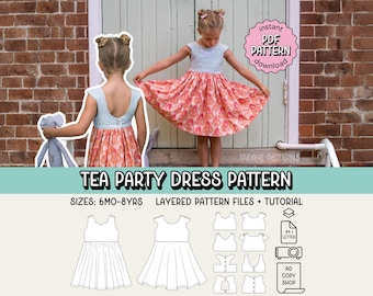 Modello di cucito PDF per abito da festa da tè ~ Abito da festa per bambine ~ Taglie 6 mesi - 8 anni