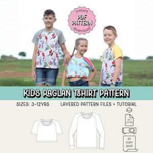 Kids Raglan Tee PDF Sewing Pattern ~ Child Unisex Tshirt ~ Sizes 3-12 years