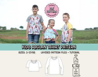 キッズラグランTシャツ PDF 縫製パターン ~ 子供用ユニセックスTシャツ ~ サイズ 3～12歳