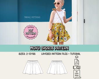 Moku Skorts PDF 縫製パターン ~ 女の子用スカートショートパンツ ~ サイズ 2～12歳