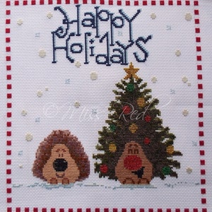 Happy Holidays Hedgehogs counted cross stitch PDF pattern, cute, needlework, Christmas