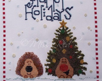 Happy Holidays Hedgehogs counted cross stitch PDF pattern, cute, needlework, Christmas