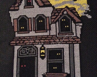 Home Evil Home counted cross stitch, spooky, gothic, haunted house