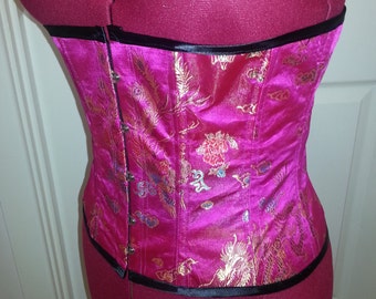 Steel-boned, tight-lacing pink satin brocade corset, 26" (Best fit 30" - 32" natural waist)