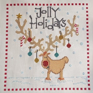 Jolly Holidays counted cross stitch PDF pattern, cute, needlework, Christmas, reindeer