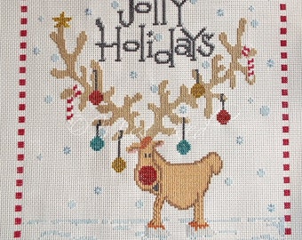 Jolly Holidays counted cross stitch PDF pattern, cute, needlework, Christmas, reindeer