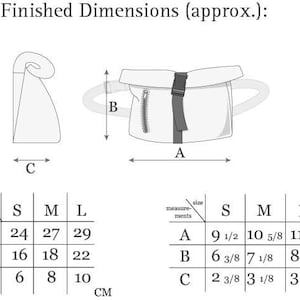 May include: Diagram of a bag with dimensions in inches. The bag has a main compartment with a zipper and a strap. The dimensions are provided for sizes S, M, and L. Size A ranges from 9 1/2 to 11 3/8 inches, B from 6 3/8 to 8 5/8 inches, and C from 2 3/8 to 3 7/8 inches.
