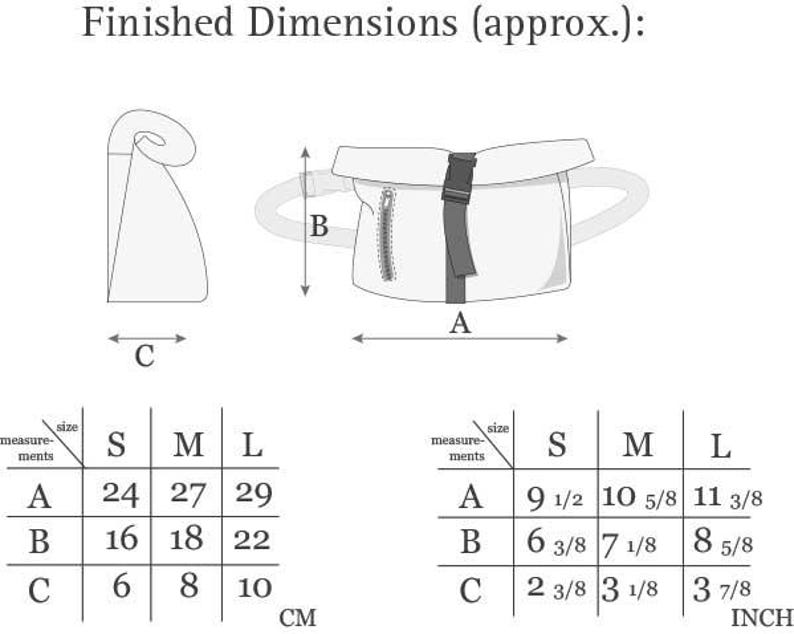 May include: Diagram of a bag with dimensions in inches. The bag has a main compartment with a zipper and a strap. The dimensions are provided for sizes S, M, and L. Size A ranges from 9 1/2 to 11 3/8 inches, B from 6 3/8 to 8 5/8 inches, and C from 2 3/8 to 3 7/8 inches.