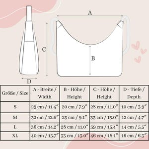 May include: A size chart for a bag with measurements in inches and centimetres. The chart shows the width, height, and depth of the bag in different sizes: S, M, L, and XL.