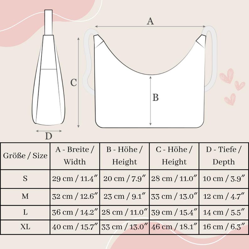 May include: A size chart for a bag with measurements in inches and centimetres. The chart shows the width, height, and depth of the bag in different sizes: S, M, L, and XL.