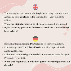 May include: A digital product advertisement with text in English and German. The English text states that sewing instructions are easy to understand, with a step-by-step YouTube video included. Digital products, no physical items will be shipped.