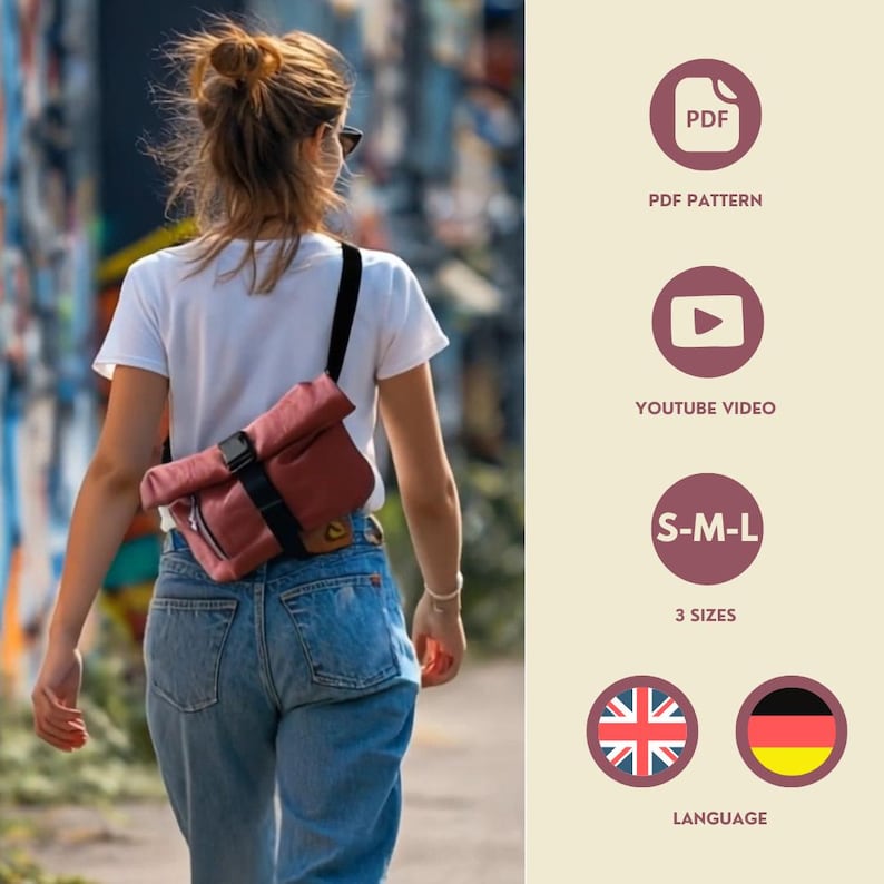 May include: A person wearing a red crossbody bag with a black strap and buckle, walking outdoors. The bag is worn over a white t-shirt and blue jeans. Additional icons indicate a PDF pattern, YouTube video, and three size options.