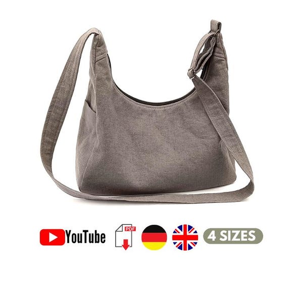 Hobo Bag sewing pattern, Sling Bag pattern and crossbody bag pattern, 4 Sizes, PDF and YouTube Tutorial
