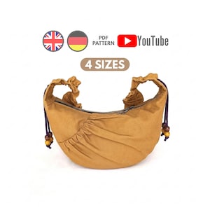 PDF Schnittmuster Halbmondtasche, mit geraffter Außentasche & verstellbaren gerafften Trägern, 4 Größen, ebook Tasche + Videoanleitung
