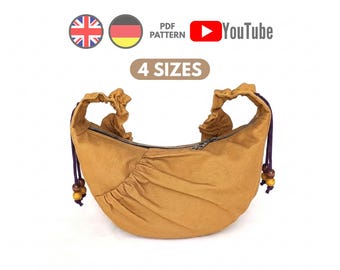 Crescent Bag Sewing Pattern PDF, Ruched Adjustable Strap, 4 Sizes S–XL, Video Tutorial