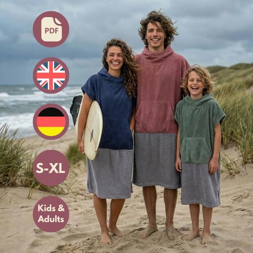 Schnittmuster Unisex-Beachponcho, Poncho fürs Baden & Surfen, Surfponcho für Kinder ab 6 Jahren und Erwachsene