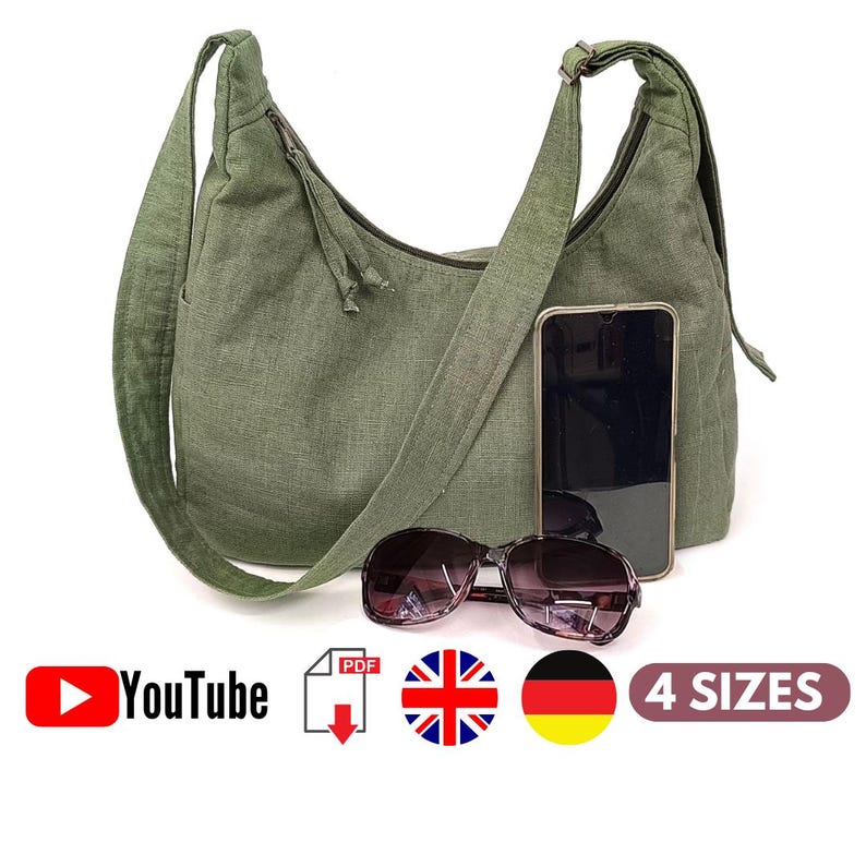 May include: A green canvas shoulder bag with a long strap. The bag is shown with a mobile phone and sunglasses inside. The image also includes the text "YouTube", "PDF", "4 SIZES", and flags for the United Kingdom and Germany.
