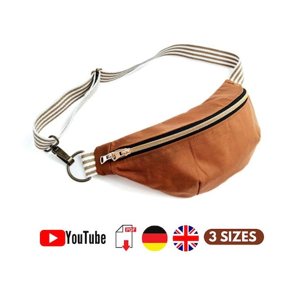 Fanny pack pattern, Bum bag PDF sewing pattern, Sling bag pattern, belt bag pattern, crossbody bag, 3 sizes, VIDEO, unisex