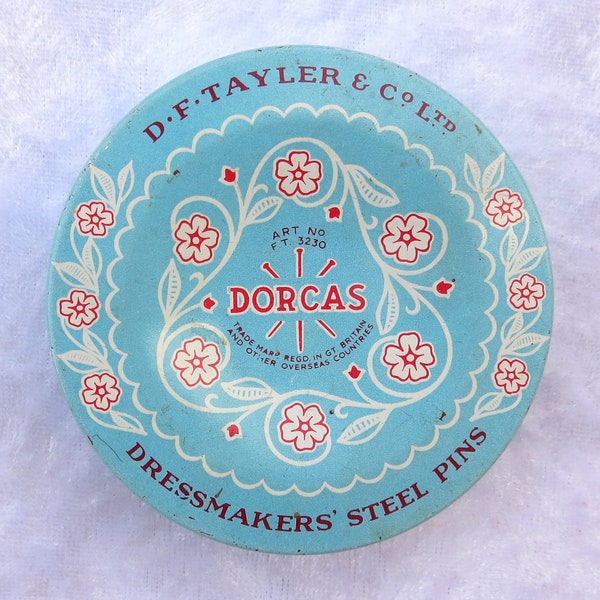 Dorcas tin.  Vintage Dorcas tin.  1950s.  Dorcas pins tin.