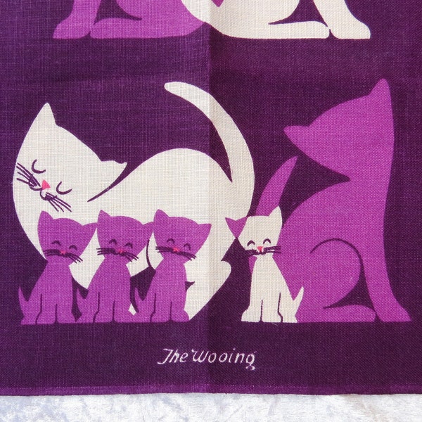 The Wooing, 1960s vintage tea towel, cats tea towel, Ulster linen, unused condition