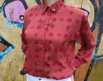 Vintage handmade 90s blouse with abstract print and shoulder pads/ Size 38
