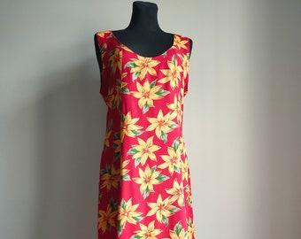 Vintage bright floral red yellow print summer maxi dress from 90s/ Size M