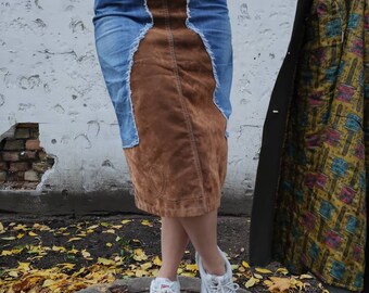 Washed out vintage denim and vegan suede Crazy world skirt with embroidery/ Size 36