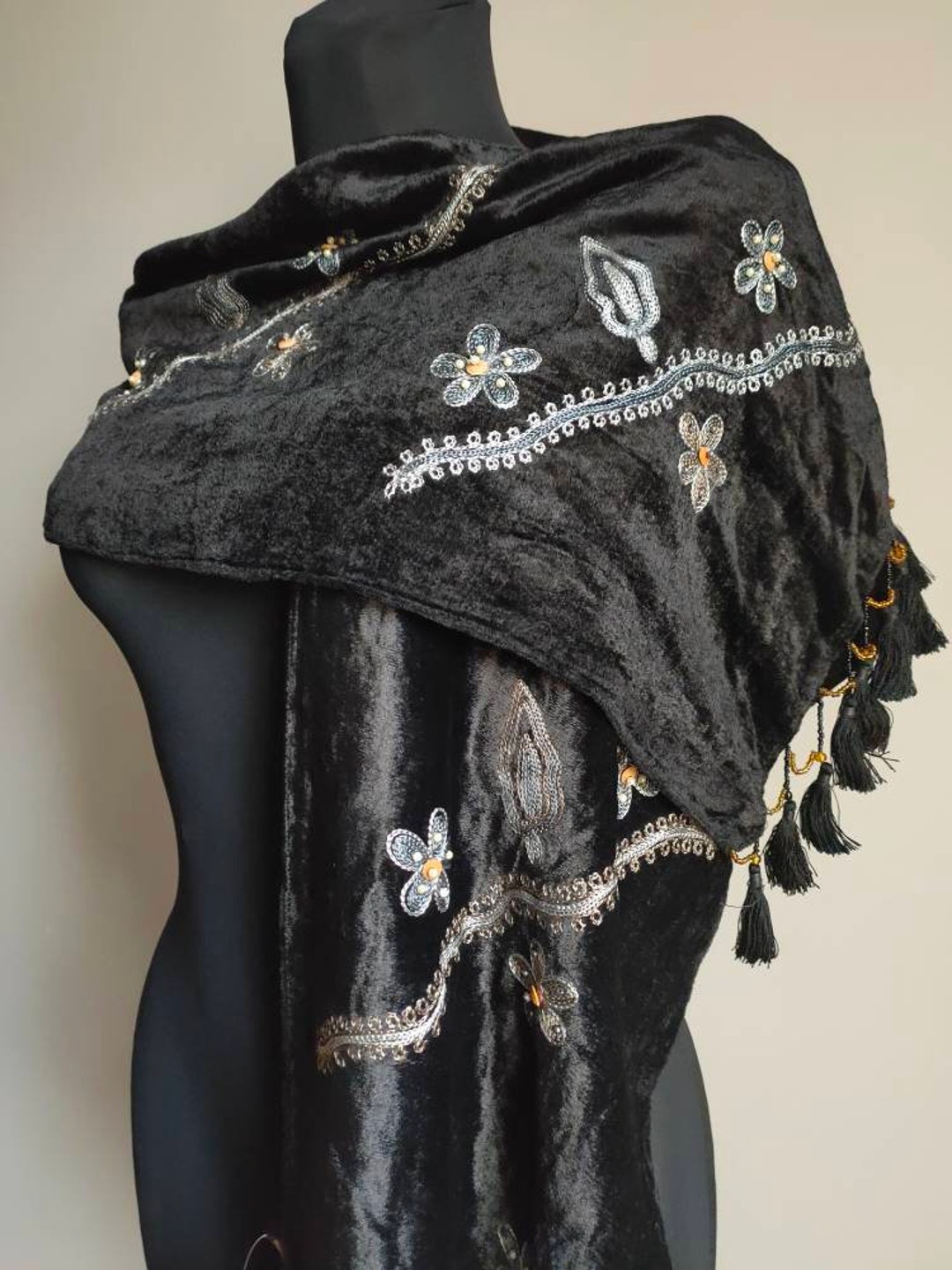 47 Hand Embroidered Floral Scarf with Wood Beads and Tassels - Blue and Pink main image 1