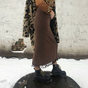 Vintage high waist brown velvet 90s skirt with fringe/ Size US 8