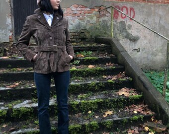 Elegant vintage suede leather rich color brown SPLENDIDO jacket with pockets and belt/ Size EU 38